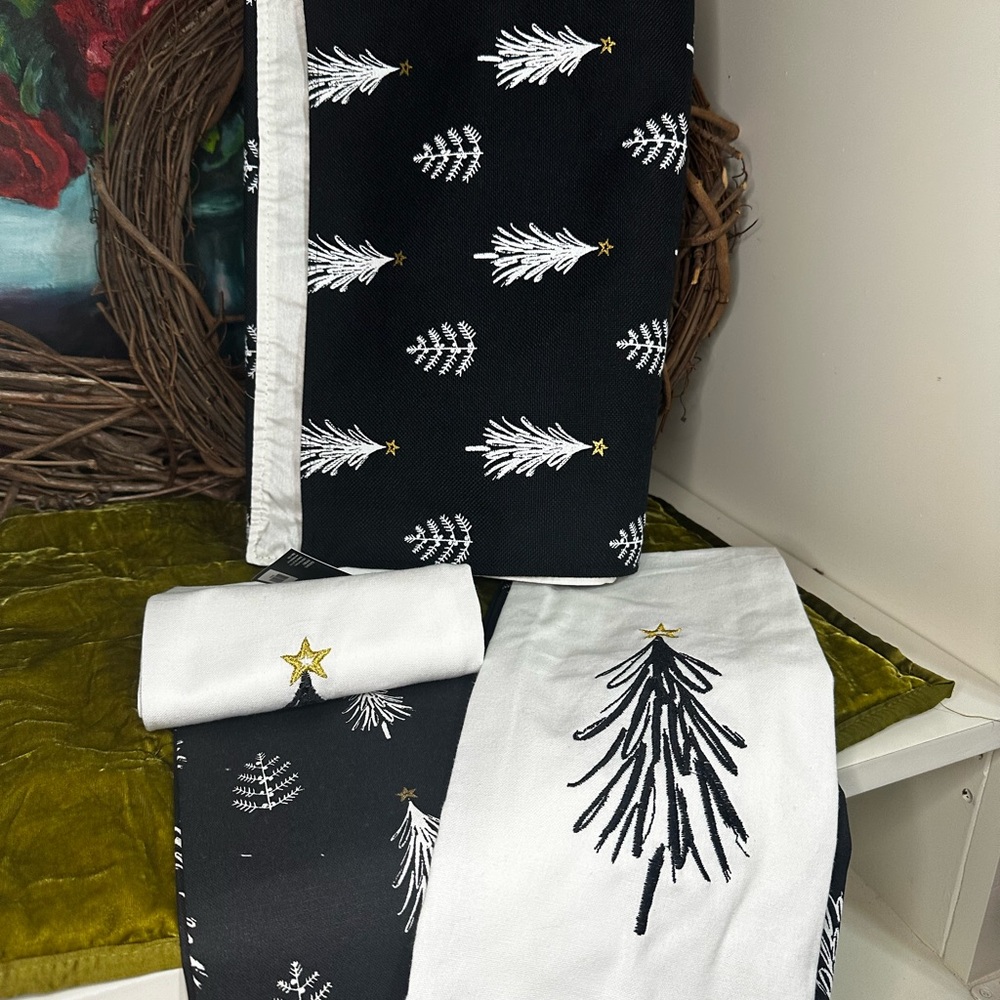 Black and White Holiday Tree Towels & Table Runner NEW
